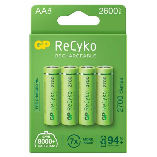 GP Batteries ReCyko 2700 AA Kalem Ni-MH Şarjlı Pil, 1.2 Volt, 4’lü Kart